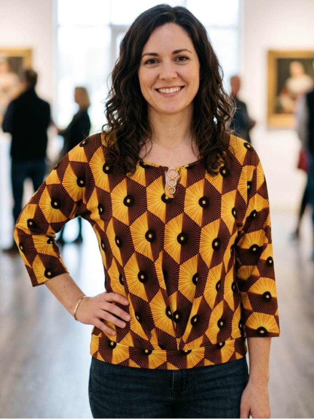 Madison Yellow & Brown Geometric Knot Front Short Sleeve Top